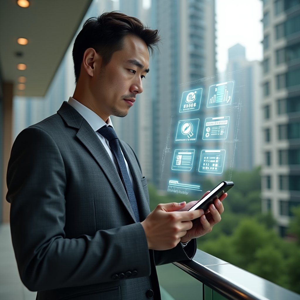 (Ultra-realistic condominium manager in a tailored dark gray suit, set in a modern luxury condominium environment with high-rise buildings and meticulously landscaped gardens, examining a floating holographic mobile app interface displaying charts and icons representing document storage, financial graphs, service requests, and booking calendars, confident expression, cinematic lighting, shallow depth of field, highly detailed textures, realistic skin, photographic realism, 8k resolution --ar 1:1 --v 6)
