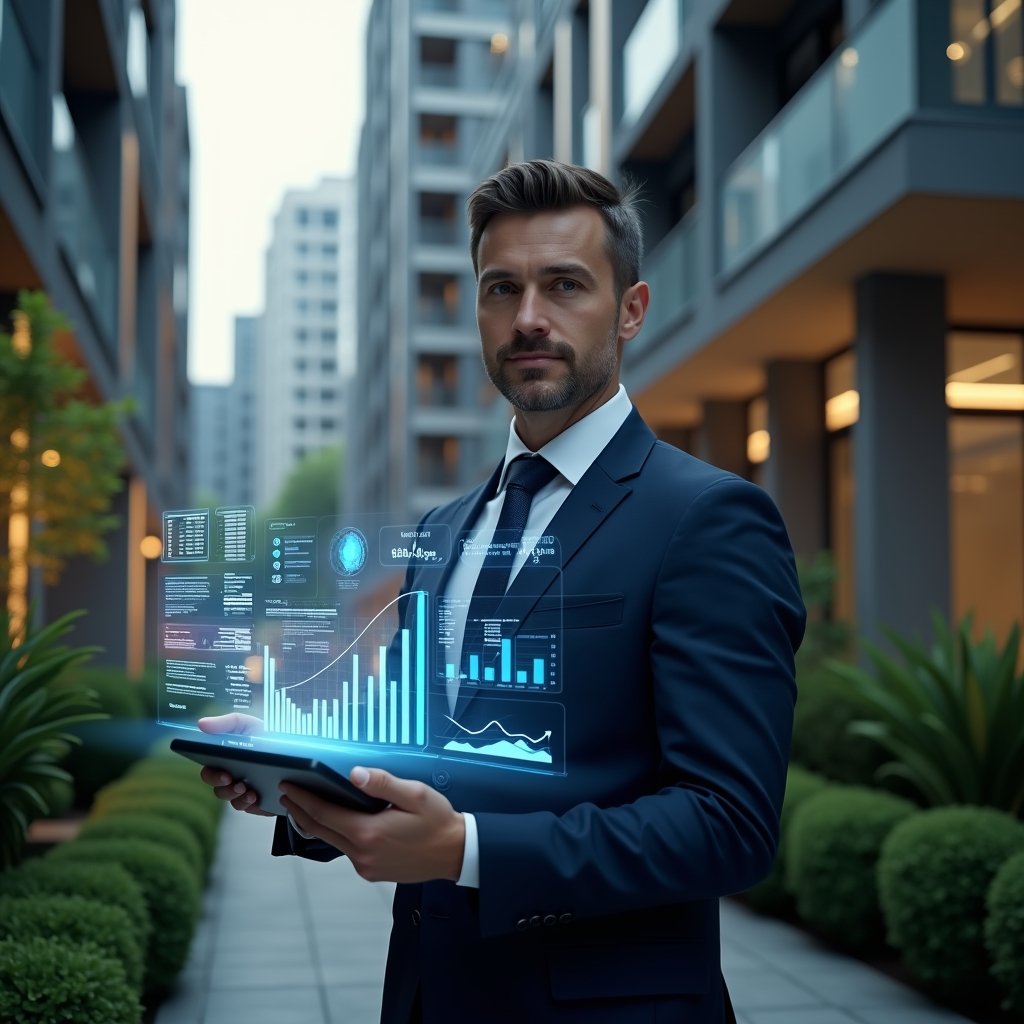 Ultra-realistic condominium manager in a tailored navy suit, set in a modern luxury condominium environment with high-rise buildings and manicured green landscaping, mid-shot holding a tablet projecting holographic financial charts and expense icons, confidently analyzing data, symbolic floating graphs and digital receipts around them, cinematic lighting, shallow depth of field, highly detailed textures, realistic skin, photographic realism, 8k resolution --ar 1:1 --v 6