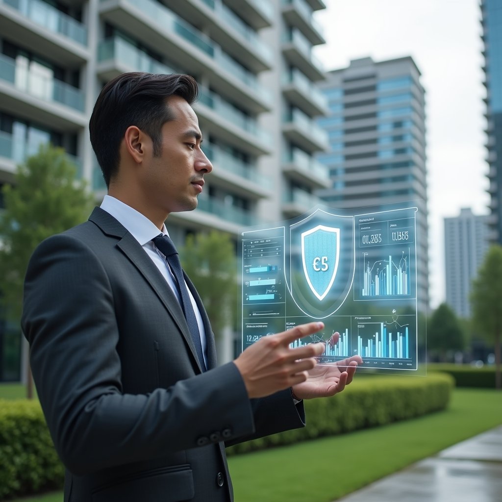 (Ultra-realistic condominium manager in a charcoal gray executive suit, set in a modern luxury condominium environment with high-rise buildings and manicured green landscaping, standing in a medium-close shot reviewing a floating holographic financial dashboard displaying expense charts and budget forecasts, a translucent icon of a shield and currency symbol hovering beside them to symbolize secure cost control, confident and focused expression, cinematic lighting, shallow depth of field, highly detailed textures, realistic skin, photographic realism, 8k resolution --ar 1:1 --v 6)