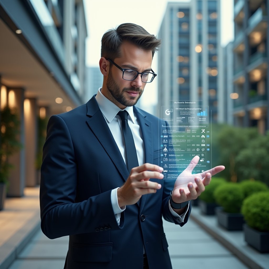 Ultra-realistic condominium manager in a tailored dark blue suit, set in a modern luxury condominium environment with high-rise buildings and meticulously landscaped greenery, holding and examining a floating holographic activity schedule with highlighted maintenance and assembly icons, confident and focused expression, cinematic lighting, shallow depth of field, highly detailed textures, realistic skin, photographic realism, 8k resolution --ar 1:1 --v 6