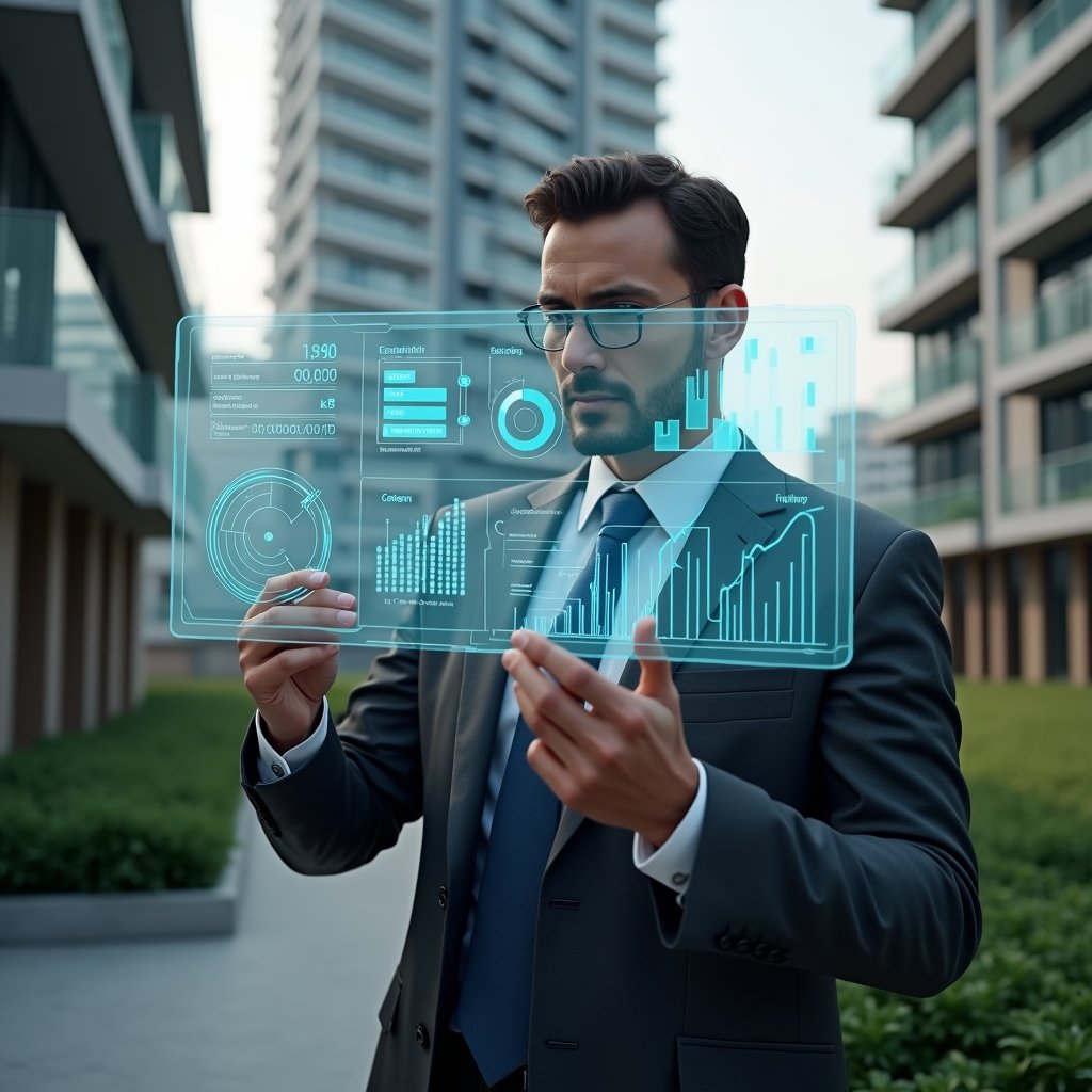 (Ultra-realistic condominium manager in a dark gray tailored suit, set in a modern luxury condominium environment with high-rise buildings and meticulously landscaped gardens, mid-shot of the manager confidently examining a floating holographic dashboard displaying charts and graphs of key performance indicators, glowing metric icons and data overlays representing satisfaction scores, delinquency rates, and task completion, cinematic lighting, shallow depth of field, highly detailed textures, realistic skin, photographic realism, 8k resolution --ar 1:1 --v 6)