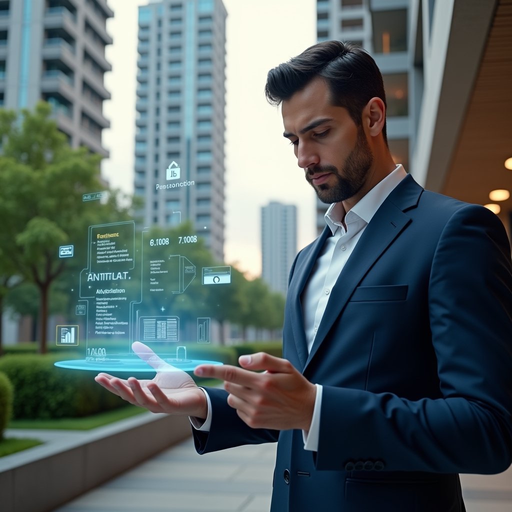 (Ultra-realistic condominium manager in a tailored navy suit, set in a modern luxury condominium environment with high-rise buildings and manicured green landscaping, reviewing a holographic interface of digital invoices and financial reports with a confident expression, floating icons of boletos, notifications and charts symbolizing automated billing, cinematic lighting, shallow depth of field, highly detailed textures, realistic skin, photographic realism, 8k resolution --ar 1:1 --v 6)