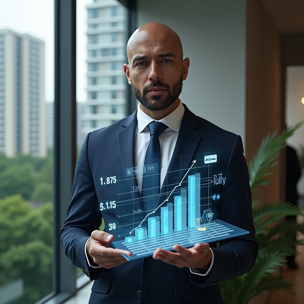 Ultra-realistic condominium manager in a dark navy suit, set in a modern luxury condominium environment with high-rise buildings and lush green landscaping, analyzing a floating holographic financial chart with budget bars and expense icons, translucent coin and ledger page symbols orbiting around, confident and focused expression, cinematic lighting, shallow depth of field, highly detailed textures, realistic skin, photographic realism, 8k resolution --ar 1:1 --v 6