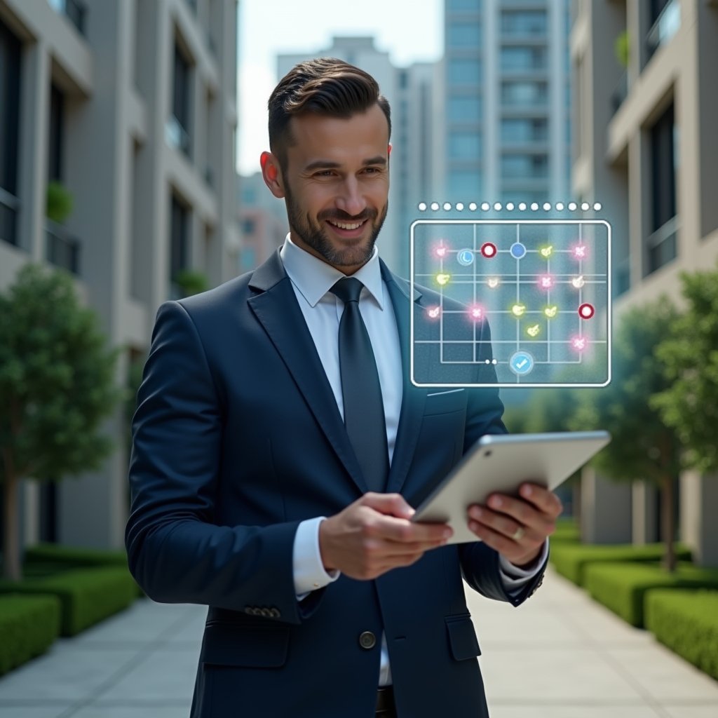 Ultra-realistic condominium manager in a navy executive suit, set in a modern luxury condominium environment with high-rise buildings and manicured green landscaping, holding a tablet projecting a floating holographic activity schedule grid with checkmark icons, confidently gesturing toward the calendar, cinematic lighting, shallow depth of field, highly detailed textures, realistic skin, photographic realism, 8k resolution --ar 1:1 --v 6