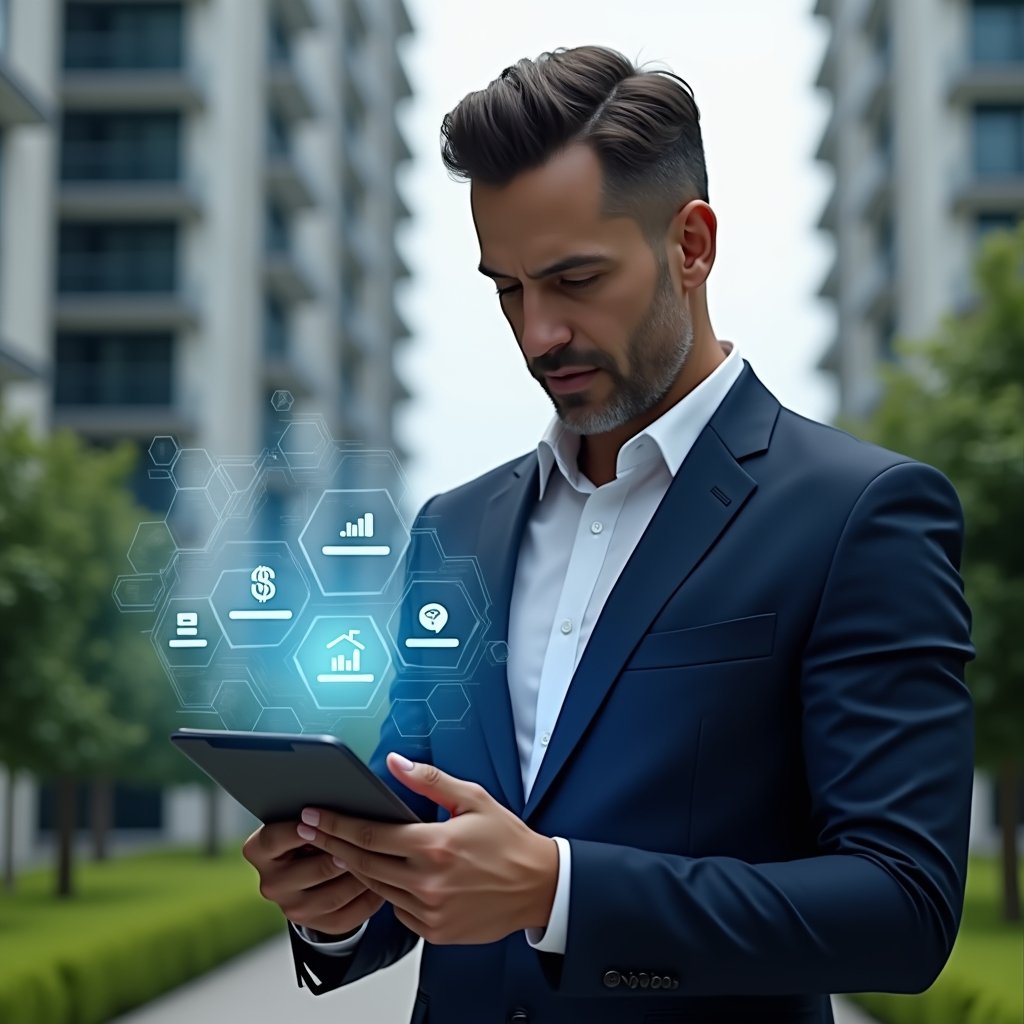 (Ultra-realistic condominium manager in a sleek navy blue suit, set in a modern luxury condominium environment with high-rise buildings and manicured green landscaping, holding a tablet displaying a holographic **condo management app** interface with icons for tasks and finances, confidently reviewing digital checklists, cinematic lighting, shallow depth of field, highly detailed textures, realistic skin, photographic realism, 8k resolution --ar 1:1 --v 6)