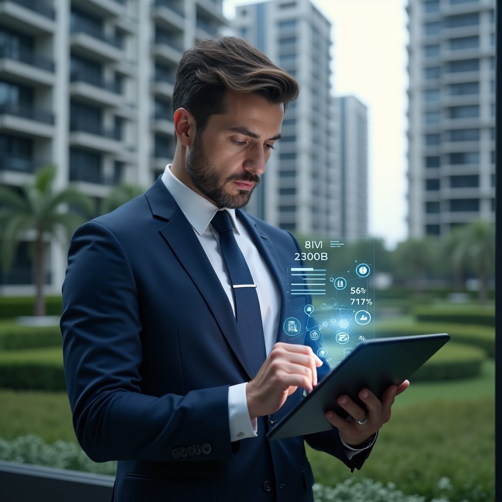 (Ultra-realistic condominium manager in a dark blue suit, set in a modern luxury condominium environment with high-rise buildings and green landscaping, analyzing financial data on a digital tablet with floating holographic charts and expense icons, confident and focused expression, cinematic lighting, shallow depth of field, highly detailed textures, realistic skin, photographic realism, 8k resolution --ar 1:1 --v 6)