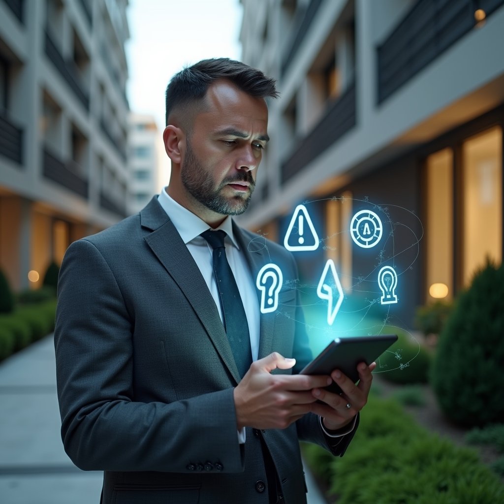 (Ultra-realistic condominium manager in a charcoal gray suit, set in a modern luxury condominium environment with high-rise buildings and manicured green landscaping, holding a tablet displaying holographic error icons and alert symbols, looking focused and concerned as they analyze on-screen data, floating translucent warning symbols around them symbolizing critical app mistakes, cinematic lighting, shallow depth of field, highly detailed textures, realistic skin, photographic realism, 8k resolution --ar 1:1 --v 6)