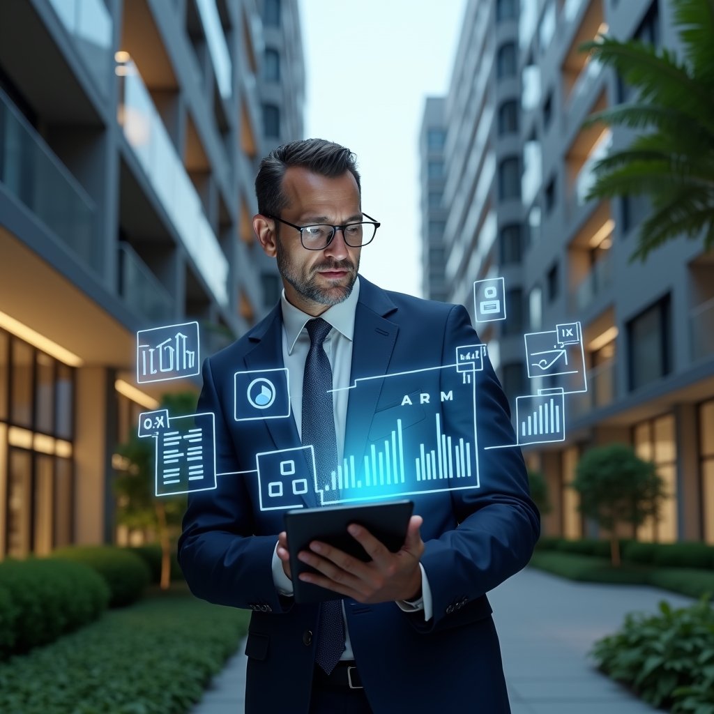 Ultra-realistic condominium manager in a navy blue suit, set in a modern luxury condominium environment with high-rise buildings and lush green landscaping, mid shot examining a holographic financial report projected from a tablet, floating icons of charts and balance sheets around him, thoughtful and confident expression, cinematic lighting, shallow depth of field, highly detailed textures, realistic skin, photographic realism, 8k resolution --ar 1:1 --v 6