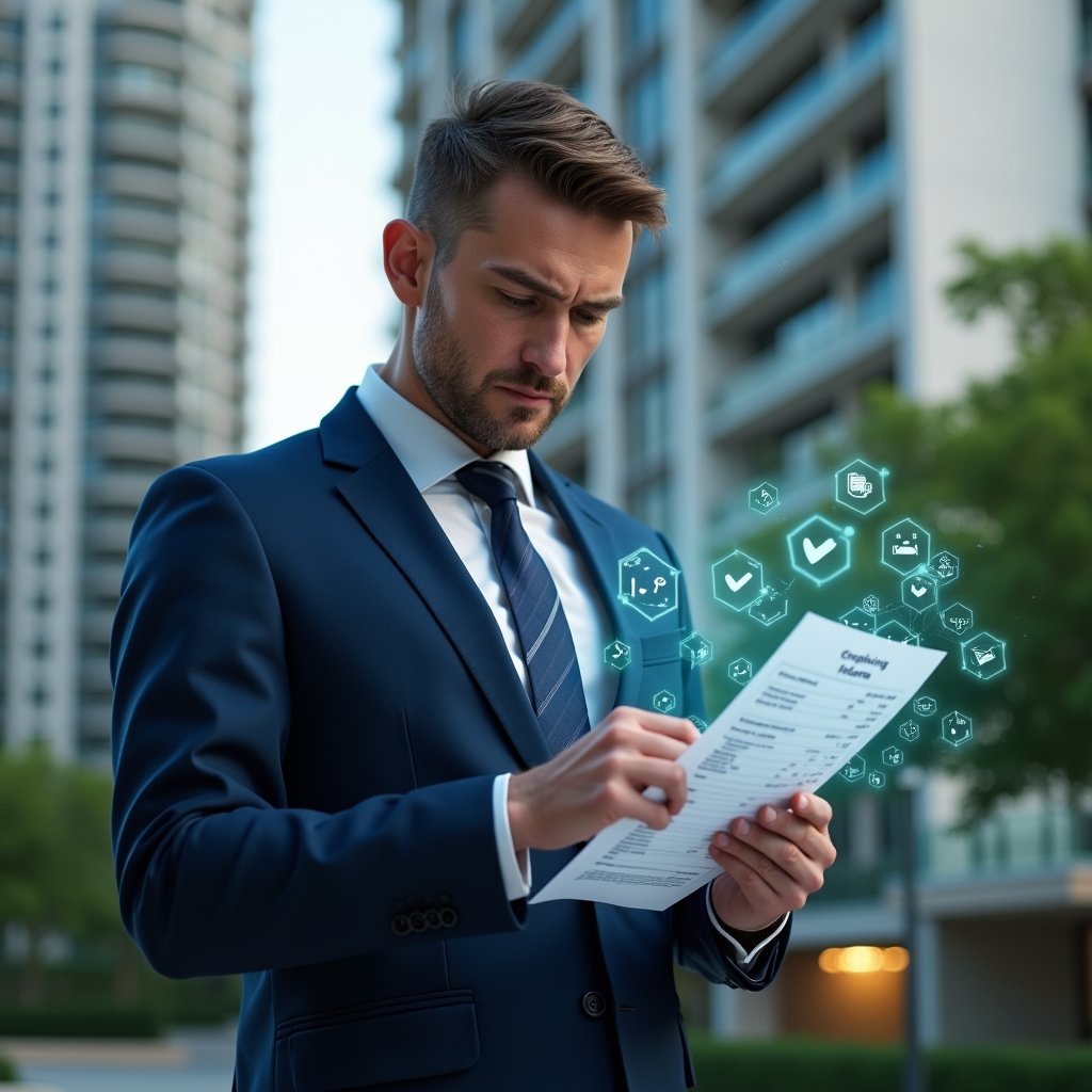 (Ultra-realistic condominium manager in a navy blue suit, set in a modern luxury condominium environment with high-rise buildings and lush green landscaping, examining a holographic financial report with floating error icons and checkmarks, serious and focused expression, cinematic lighting, shallow depth of field, highly detailed textures, realistic skin, photographic realism, 8k resolution --ar 1:1 --v 6)