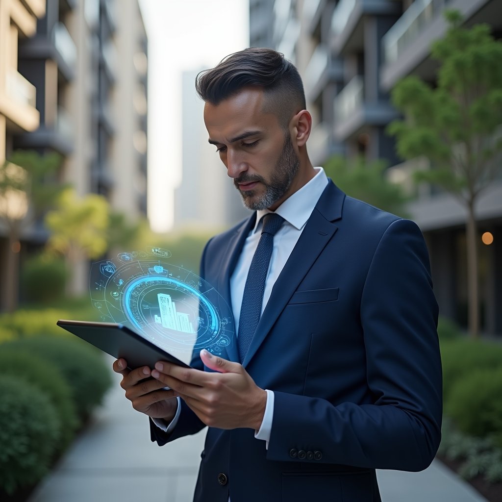 Ultra-realistic condominium manager in a tailored navy blue suit, set in a modern luxury condominium environment with high-rise buildings and lush green landscaping, holding a tablet displaying floating holographic financial charts and a glowing ledger icon, looking focused and confident as they review accounts, cinematic lighting, shallow depth of field, highly detailed textures, realistic skin, photographic realism, 8k resolution --ar 1:1 --v 6