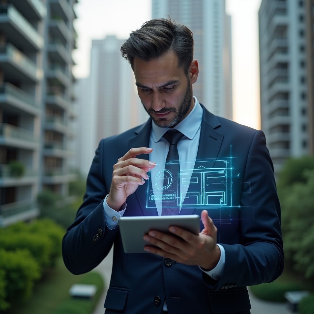 (Ultra-realistic property manager in a tailored navy suit, set in a modern luxury condominium environment with high-rise buildings and lush green landscaping, holding a tablet and analyzing a holographic interface of a condominium management app with floating warning icons, thoughtful expression, cinematic lighting, shallow depth of field, highly detailed textures, realistic skin, photographic realism, 8k resolution --ar 1:1 --v 6)