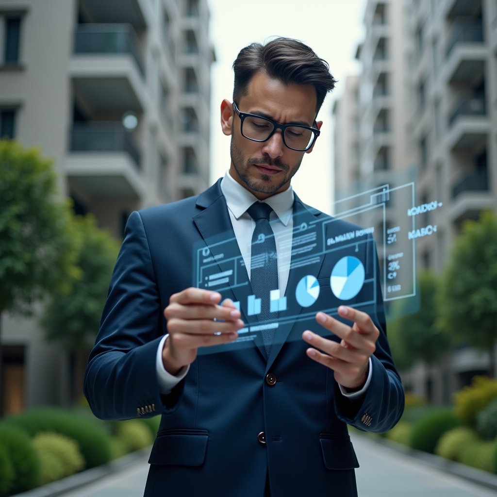 (Ultra-realistic condominium manager in a dark blue tailored suit, set in a modern luxury condominium environment with high-rise buildings and manicured greenery, reviewing a holographic financial report with floating pie charts and ledger icons, expression focused and confident to convey transparency, cinematic lighting, shallow depth of field, highly detailed textures, realistic skin, photographic realism, 8k resolution --ar 1:1 --v 6)