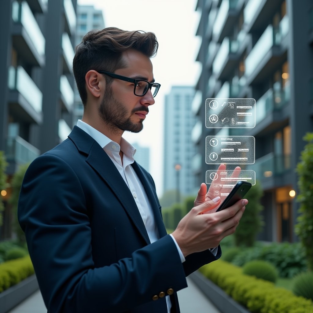 Ultra-realistic condominium manager in a tailored navy suit, set in a modern luxury condominium environment with high-rise buildings and manicured green areas, mid-shot of a focused property manager examining a floating holographic smartphone interface displaying warning icons and a checklist of seven errors, cinematic lighting, shallow depth of field, highly detailed textures, realistic skin, photographic realism, 8k resolution --ar 1:1 --v 6