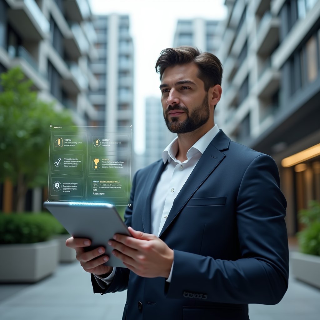 (Ultra-realistic condominium manager in a navy tailored suit, set in a modern luxury condominium environment with high-rise buildings and lush green landscaping, holding a digital tablet displaying a condominium management app with highlighted errors, interacting with a holographic dashboard of icons such as exclamation marks, checklists and gear symbols, thoughtful and confident expression, cinematic lighting, shallow depth of field, highly detailed textures, realistic skin, photographic realism, 8k resolution --ar 1:1 --v 6)