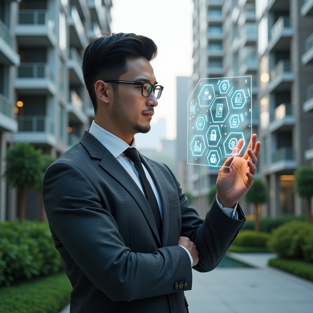 (Ultra-realistic condominium manager in a dark gray tailored suit, set in a modern luxury condominium environment with high-rise buildings and manicured green landscaping, examining a floating holographic interface displaying seven warning icons, thoughtful and confident expression, subtle translucent icons of a smartphone, lock, integration gears, chart, speech bubble, clock and dollar sign surrounding them, cinematic lighting, shallow depth of field, highly detailed textures, realistic skin, photographic realism, 8k resolution --ar 1:1 --v 6)