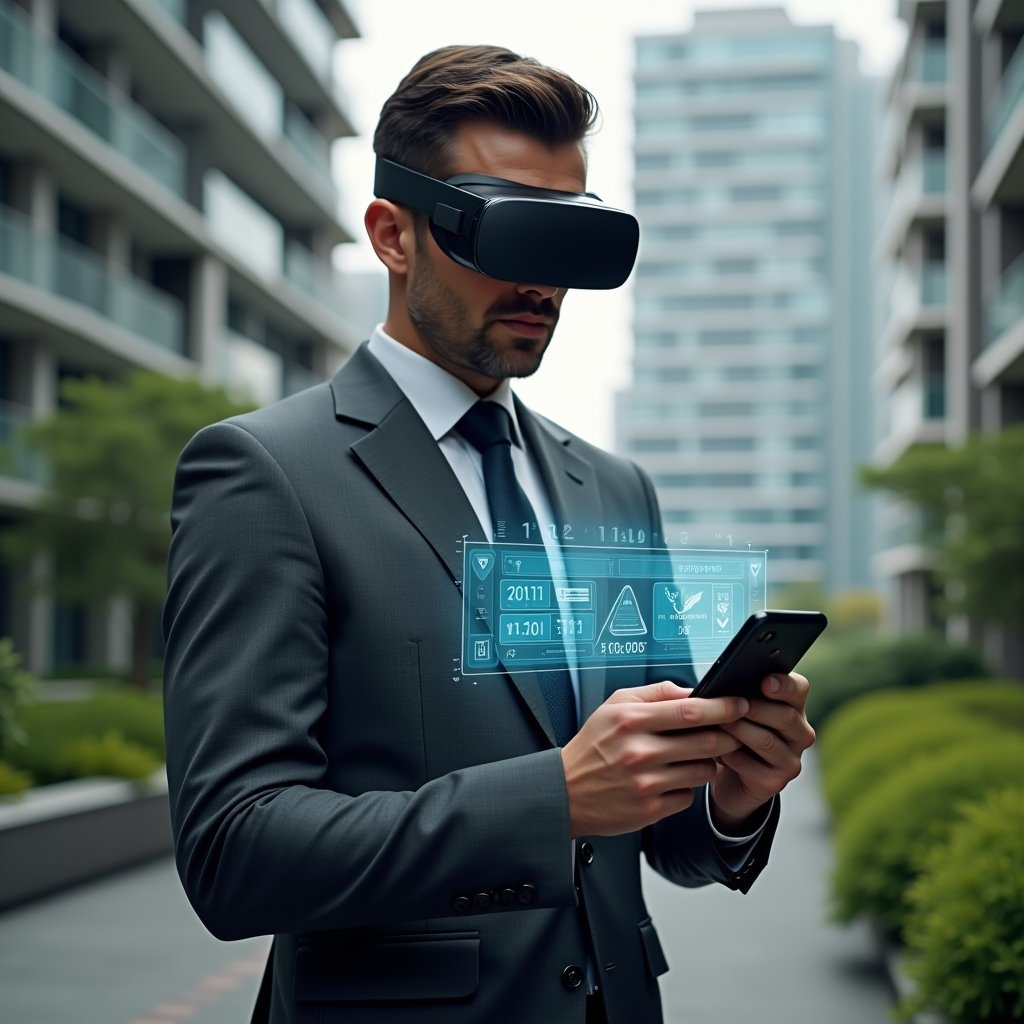 (Ultra-realistic condominium manager in a charcoal gray suit, set in a modern luxury condominium environment with high-rise buildings and green landscaping, mid shot, holding a smartphone displaying holographic error notifications from a condo app, focused and determined expression, translucent app icons and warning symbols floating around, cinematic lighting, shallow depth of field, highly detailed textures, realistic skin, photographic realism, 8k resolution --ar 1:1 --v 6)