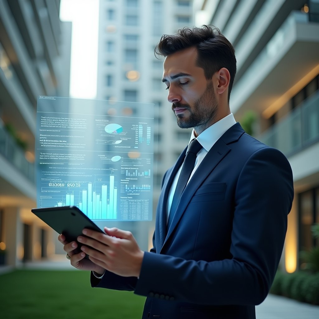 Ultra-realistic condominium manager in a tailored navy suit, set in a modern luxury condominium environment with high-rise buildings and lush green landscaping, holding a digital tablet and reviewing transparent holographic financial charts, expressing focused confidence and attention to detail, holographic icons of receipts and balance sheets floating beside them, cinematic lighting, shallow depth of field, highly detailed textures, realistic skin, photographic realism, 8k resolution --ar 1:1 --v 6