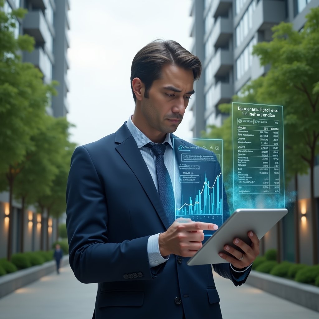Ultra-realistic condominium manager in a navy blue executive suit, set in a modern luxury condominium environment with high-rise buildings and manicured green landscaping, reviewing financial statements on a digital tablet with floating holographic charts highlighting accounting errors, expression confident and focused, cinematic lighting, shallow depth of field, highly detailed textures, realistic skin, photographic realism, 8k resolution --ar 1:1 --v 6