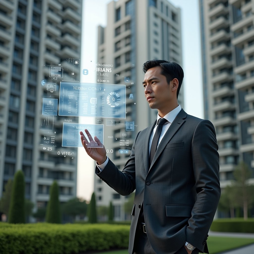 (Ultra-realistic condominium manager in a tailored charcoal gray suit, set in a modern luxury condominium environment with high-rise buildings and manicured green landscaping, standing in a medium shot examining a floating holographic financial report with charts and bills, serious and focused expression, holographic icons of spreadsheets and balance sheets orbiting around, cinematic lighting, shallow depth of field, highly detailed textures, realistic skin, photographic realism, 8k resolution --ar 1:1 --v 6)