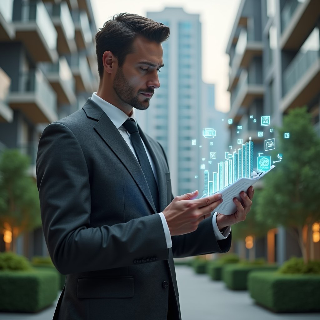 (Ultra-realistic condominium manager in a dark gray tailored suit, set in a modern luxury condominium environment with high-rise buildings and manicured green landscaping, reviewing a floating holographic financial report with highlighted warning icons representing accounting errors, thoughtful and focused expression, cinematic lighting, shallow depth of field, highly detailed textures, realistic skin, photographic realism, 8k resolution --ar 1:1 --v 6)