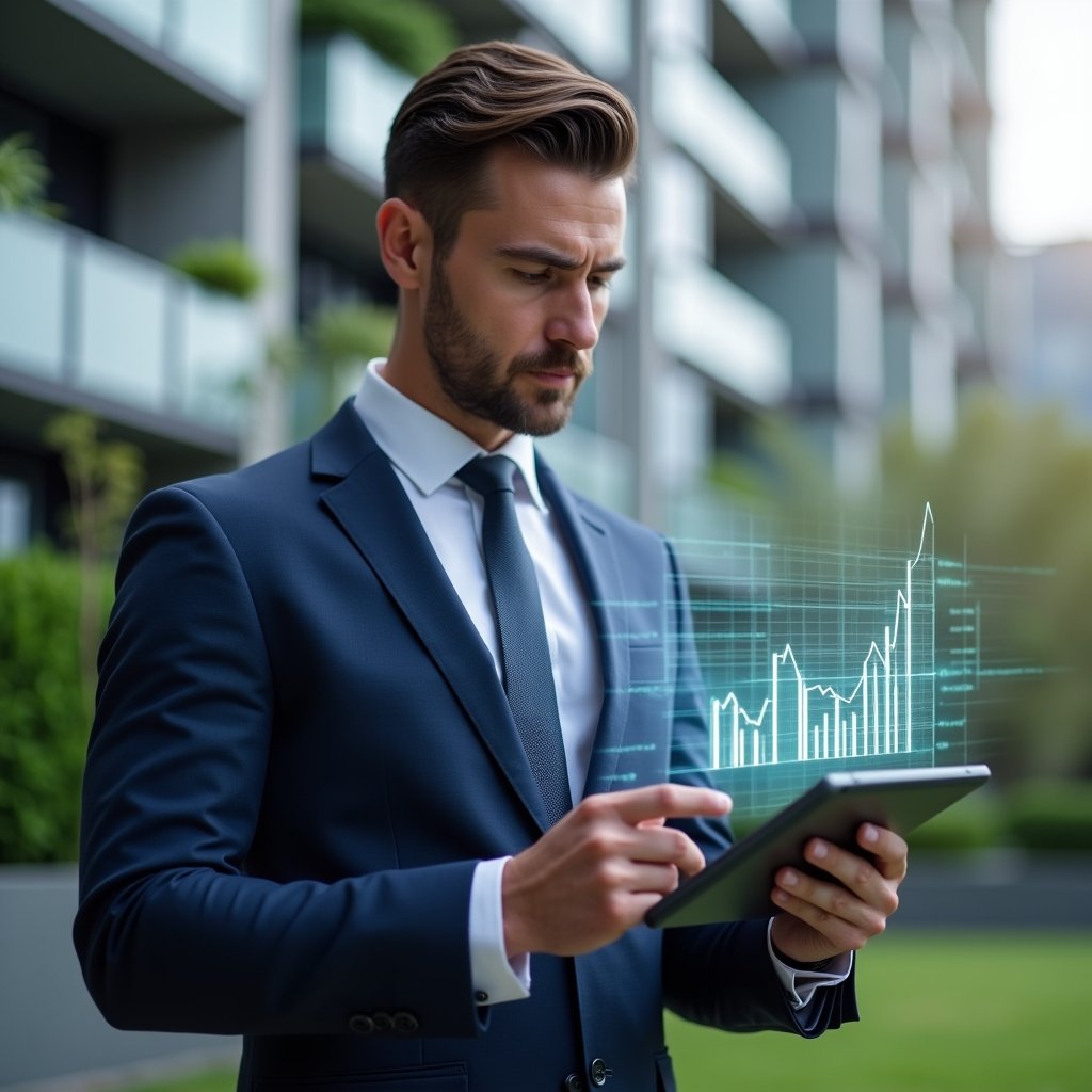 Ultra-realistic condominium manager in a navy blue tailored suit, set in a modern luxury condominium environment with high-rise buildings and manicured greenery, reviewing a digital ledger on a tablet with holographic financial charts floating above, displaying confidence and focus, cinematic lighting, shallow depth of field, highly detailed textures, realistic skin, photographic realism, 8k resolution --ar 1:1 --v 6