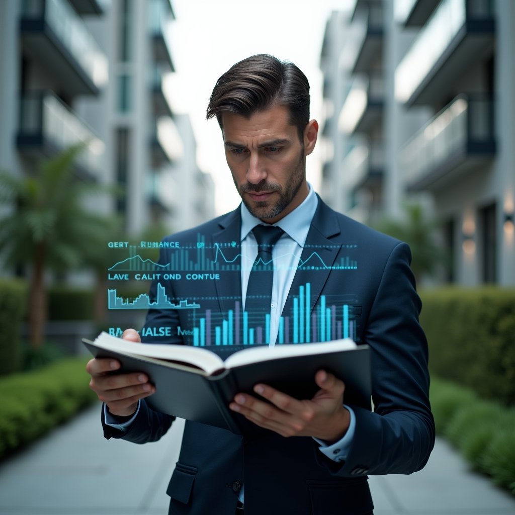 (Ultra-realistic condominium manager in a navy executive suit, set in a modern luxury condominium environment with high-rise buildings and manicured green landscaping, reviewing holographic financial charts and holding an open ledger displaying transparent reports, serious and focused expression, cinematic lighting, shallow depth of field, highly detailed textures, realistic skin, photographic realism, 8k resolution --ar 1:1 --v 6)