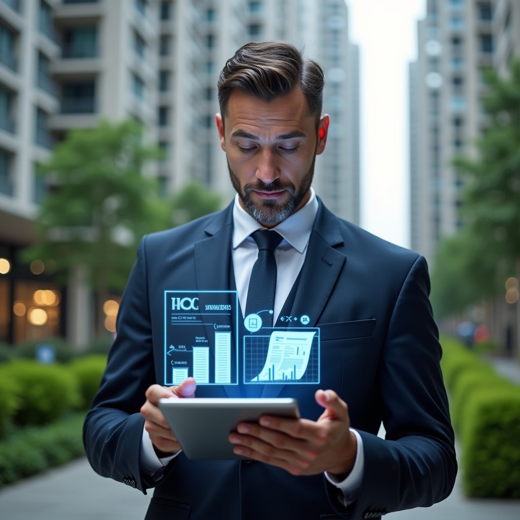 Ultra-realistic condominium manager in a tailored navy suit, set in a modern luxury condominium environment with high-rise buildings and lush green landscaping, reviewing holographic financial charts on a tablet with floating icons of receipts and graphs, confident and focused expression, cinematic lighting, shallow depth of field, highly detailed textures, realistic skin, photographic realism, 8k resolution --ar 1:1 --v 6