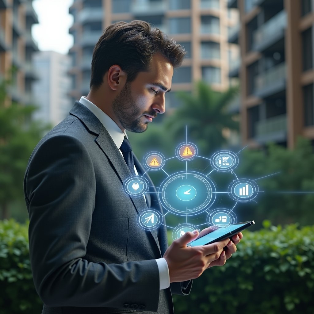 (Ultra-realistic condominium manager in a charcoal gray suit, set in a modern luxury condominium environment with high-rise buildings and lush green landscaping, medium close-up of a thoughtful manager holding a tablet displaying holographic aplicativo de gestão icons and warning symbols around seven chart elements, floating translucent graphs and alert badges symbolizing common implementation errors, cinematic lighting, shallow depth of field, highly detailed textures, realistic skin, photographic realism, 8k resolution --ar 1:1 --v 6)