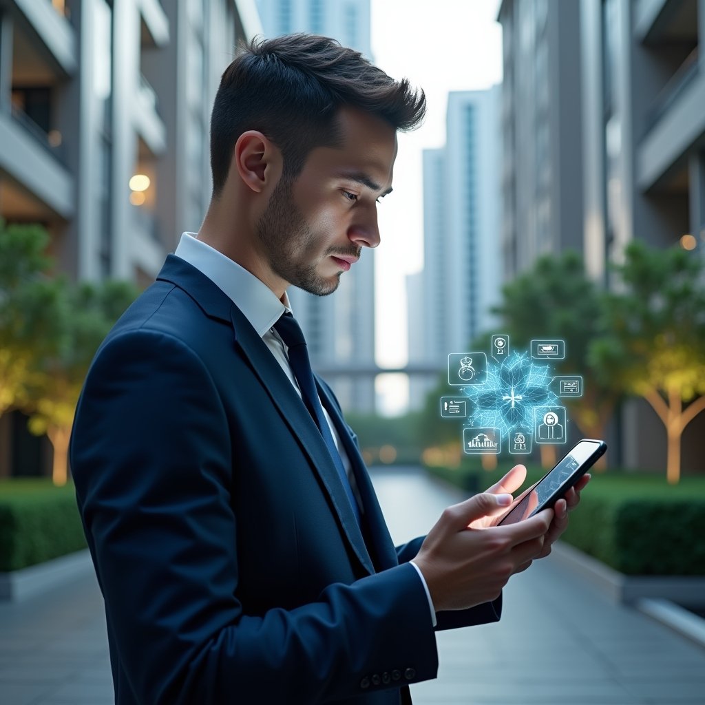 (Ultra-realistic condo manager in a navy blue executive suit, set in a modern luxury condominium environment with high-rise buildings and green landscaping, holding a smartphone displaying a floating holographic management app interface with icons and warning symbols, looking thoughtfully at the display, cinematic lighting, shallow depth of field, highly detailed textures, realistic skin, photographic realism, 8k resolution --ar 1:1 --v 6)