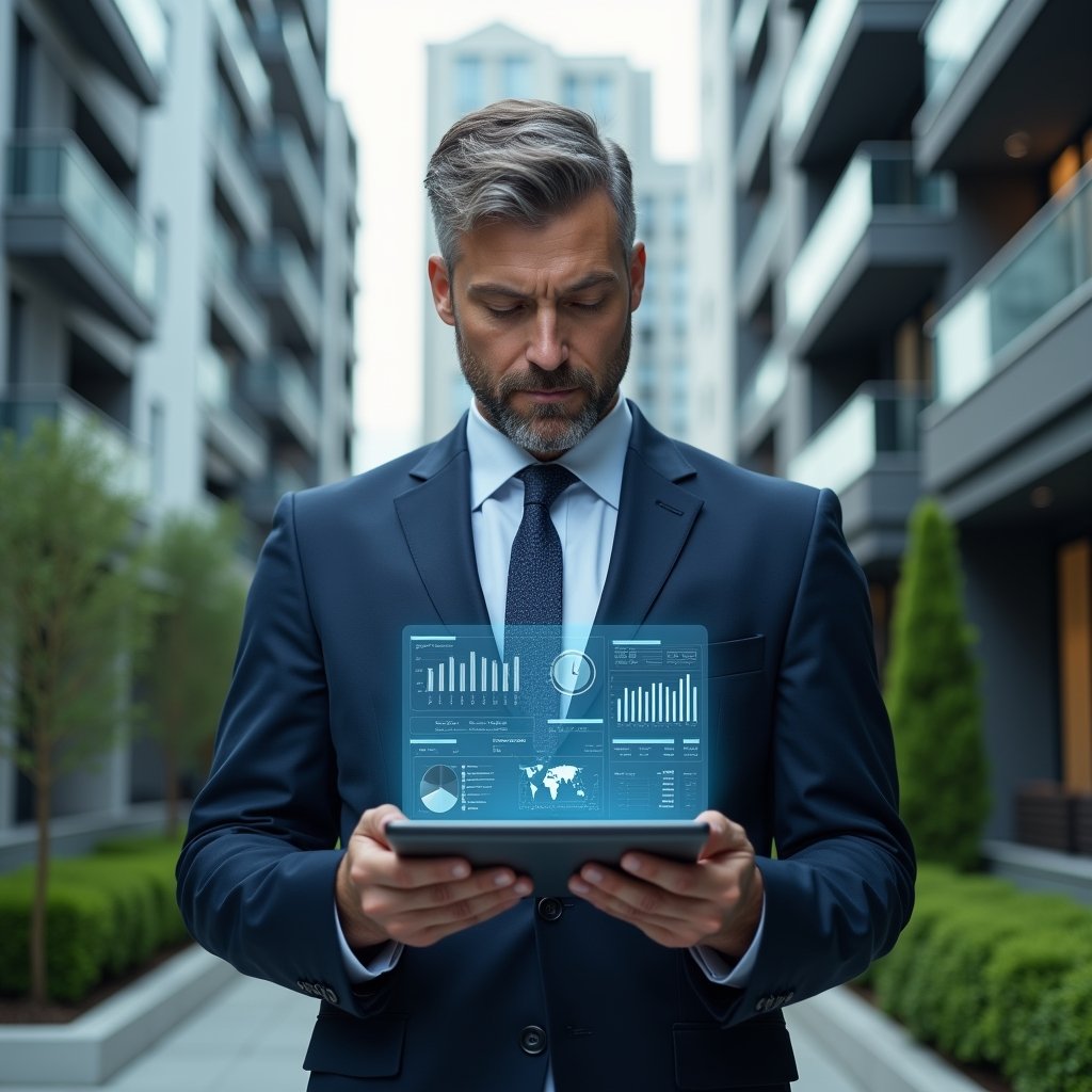 Ultra-realistic condo manager in a navy executive suit, set in a modern luxury condominium environment with high-rise buildings and manicured green landscaping, reviewing a transparent holographic financial report with pie charts and ledgers, confident and focused expression, cinematic lighting, shallow depth of field, highly detailed textures, realistic skin, photographic realism, 8k resolution --ar 1:1 --v 6