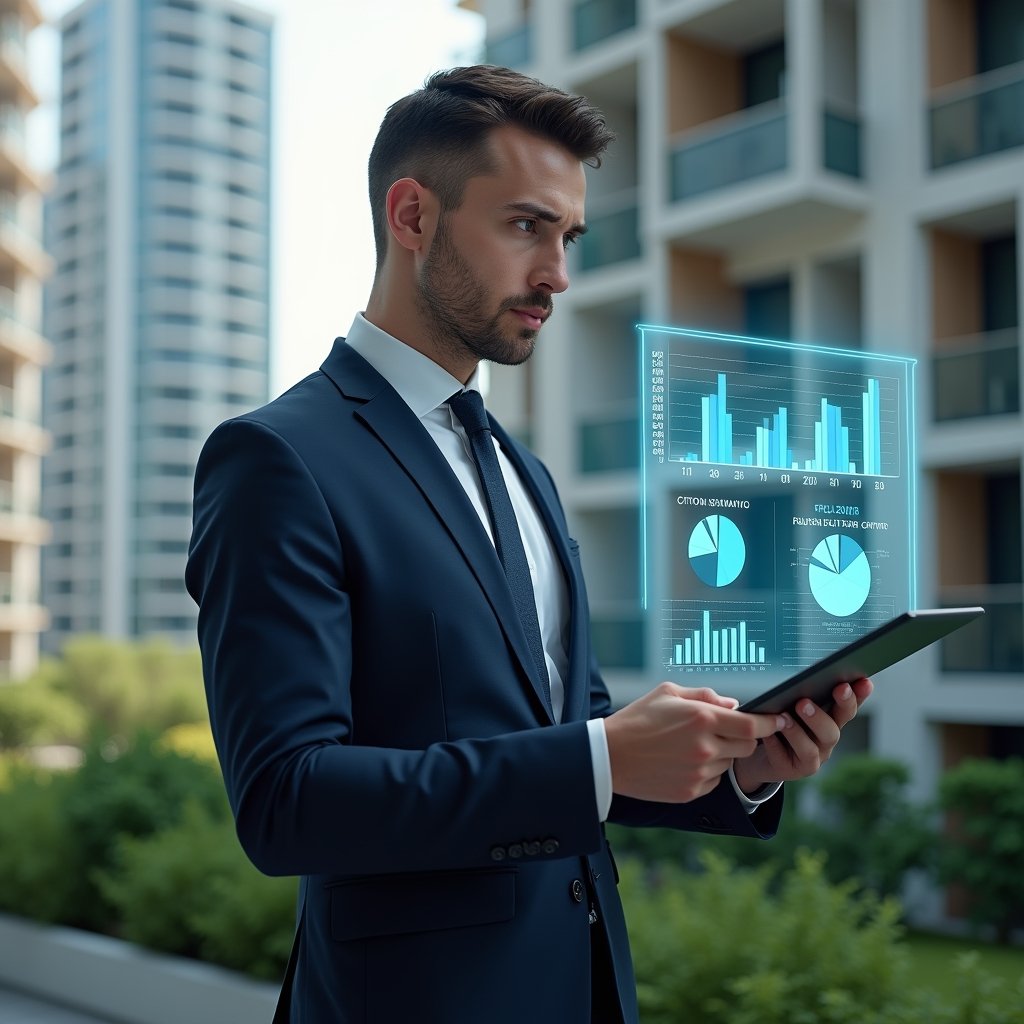 (Ultra-realistic condominium manager in a tailored navy suit, set in a modern luxury condominium environment with high-rise buildings and lush green landscaping, reviewing a holographic budget chart with confident, thoughtful expression, floating pie-charts and graphs representing expense control, cinematic lighting, shallow depth of field, highly detailed textures, realistic skin, photographic realism, 8k resolution --ar 1:1 --v 6)