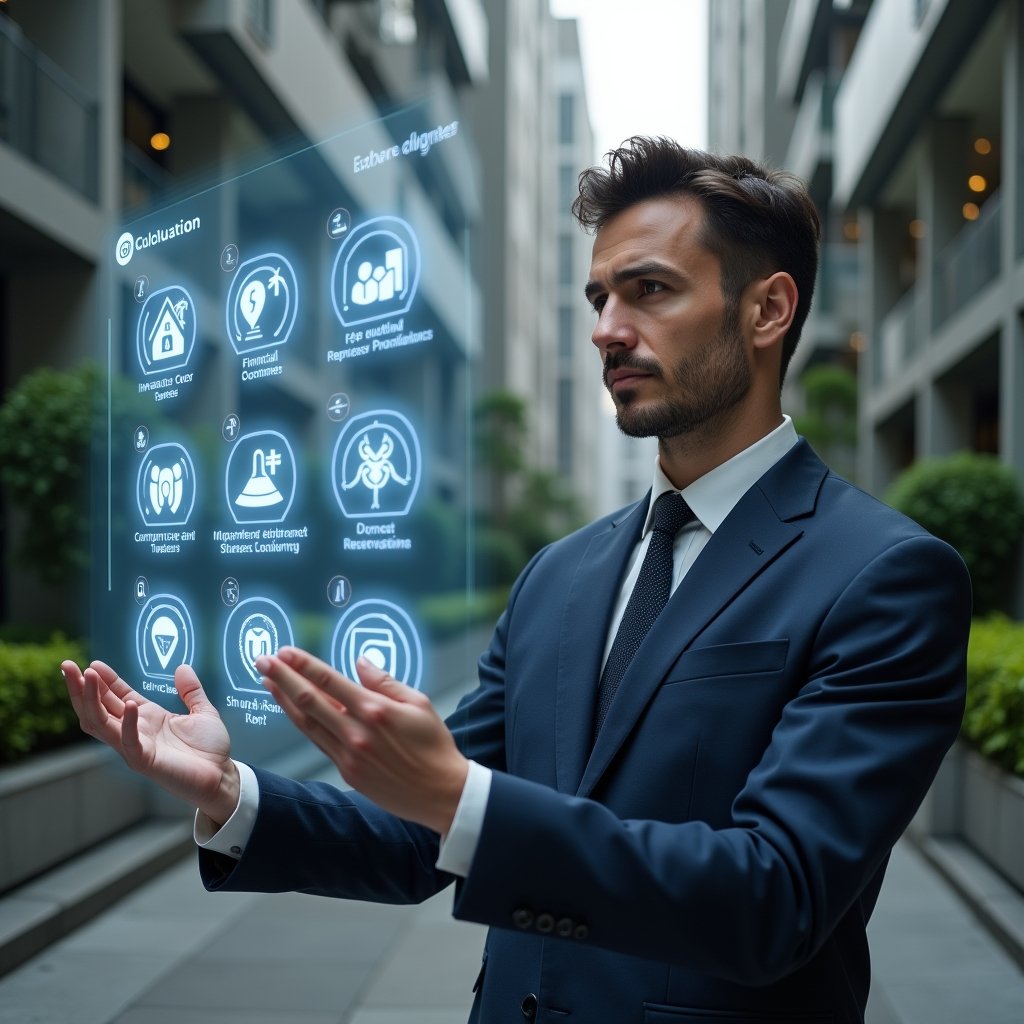 (Ultra-realistic condominium manager in a tailored navy suit, set in a modern luxury condominium environment with high-rise buildings and manicured gardens, interacting with a holographic digital dashboard displaying app icons for communication, financial control, maintenance requests, and space reservations, confident expression, cinematic lighting, shallow depth of field, highly detailed textures, realistic skin, photographic realism, 8k resolution --ar 1:1 --v 6)
