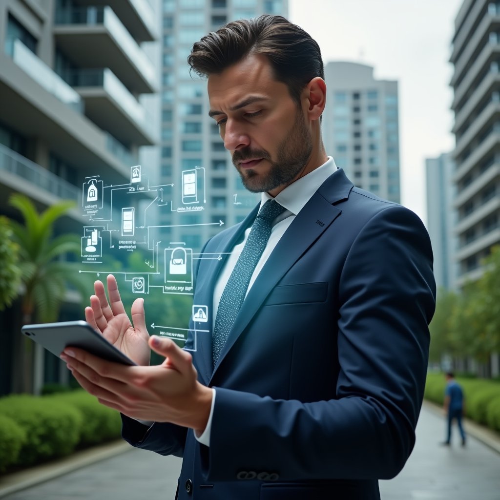 (Ultra-realistic condominium manager in a tailored navy suit, set in a modern luxury condominium environment with high-rise buildings and lush green landscaping, holding a tablet and gesturing to holographic icons depicting financial charts, visitor access control, maintenance requests, booking calendar and push notifications, confident and focused expression, cinematic lighting, shallow depth of field, highly detailed textures, realistic skin, photographic realism, 8k resolution --ar 1:1 --v 6)