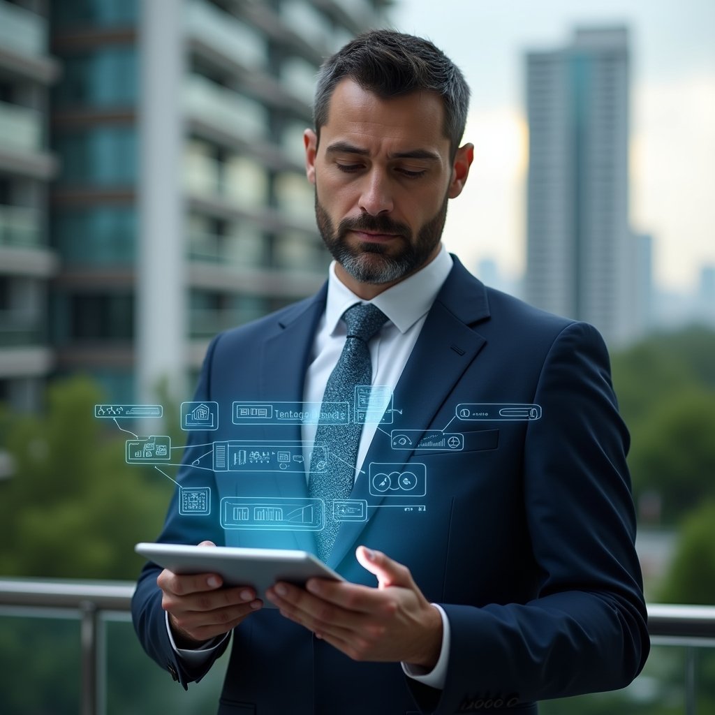 Ultra-realistic condo manager in a navy executive suit, set in a modern luxury condominium environment with high-rise buildings and lush green landscaping, holding a tablet displaying holographic icons of booking calendars, financial graphs, and chat bubbles, confidently analyzing the aplicativo de gestão features, cinematic lighting, shallow depth of field, highly detailed textures, realistic skin, photographic realism, 8k resolution --ar 1:1 --v 6