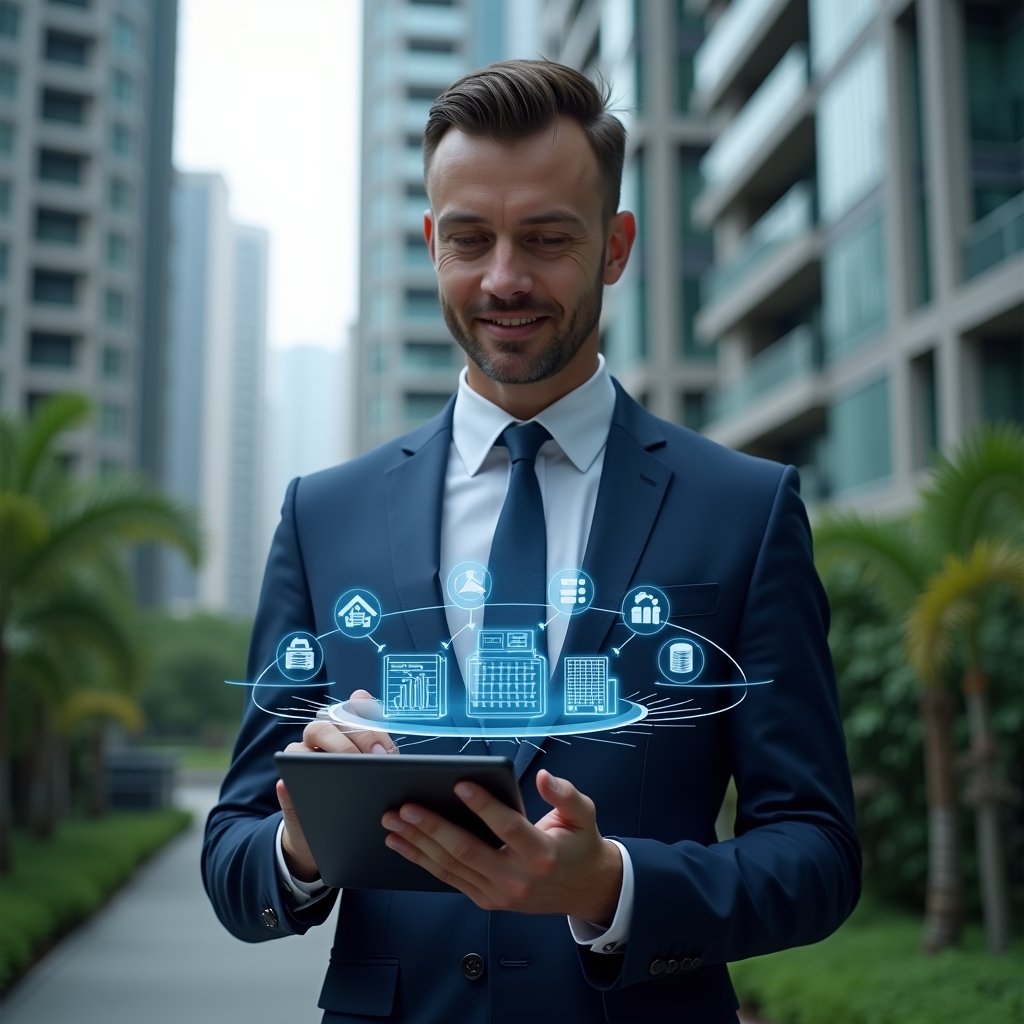 Ultra-realistic condo manager in a navy blue suit, set in a modern luxury condominium environment with high-rise buildings and lush green landscaping, holding a tablet displaying floating holographic icons of financial charts, reservation calendars and maintenance checklists, confidently analyzing digital data, subtle holographic interface elements around, cinematic lighting, shallow depth of field, highly detailed textures, realistic skin, photographic realism, 8k resolution --ar 1:1 --v 6