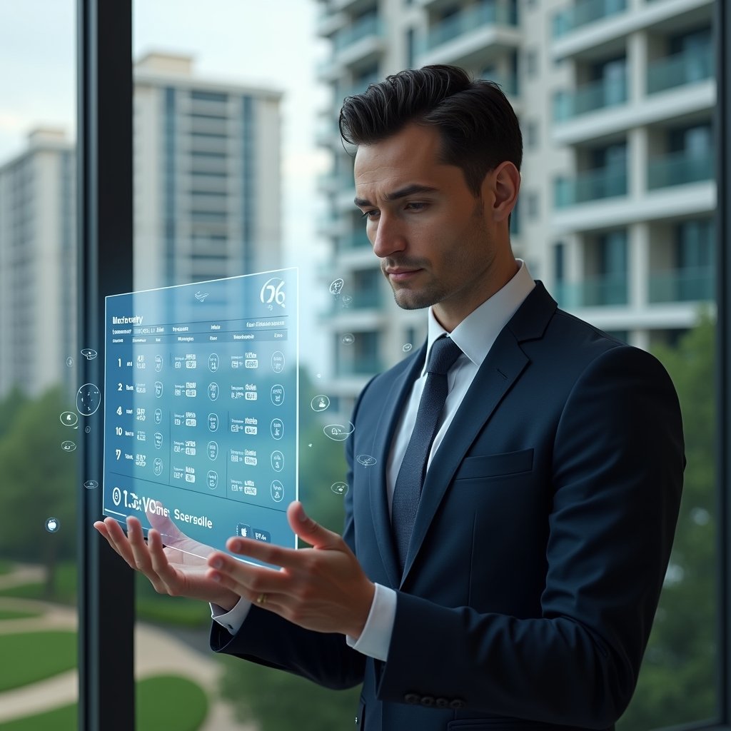 (Ultra-realistic condominium manager in a tailored dark navy suit, set in a modern luxury condominium environment with high-rise buildings and manicured gardens, holding a transparent holographic calendar displaying seven marked reminders, analyzing the schedule with a confident expression, floating icons for assembly, maintenance and financial audit around the hologram, cinematic lighting, shallow depth of field, highly detailed textures, realistic skin, photographic realism, 8k resolution --ar 1:1 --v 6)