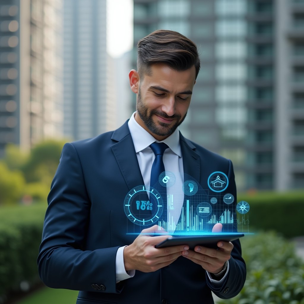 (Ultra-realistic condominium manager in a navy executive suit, set in a modern luxury condominium environment with high-rise buildings and manicured greenery, holding a digital tablet displaying holographic financial charts and graphs, looking confident and engaged, surrounded by floating icons of bar charts and pie charts symbolizing transparency and efficiency, cinematic lighting, shallow depth of field, highly detailed textures, realistic skin, photographic realism, 8k resolution --ar 1:1 --v 6)