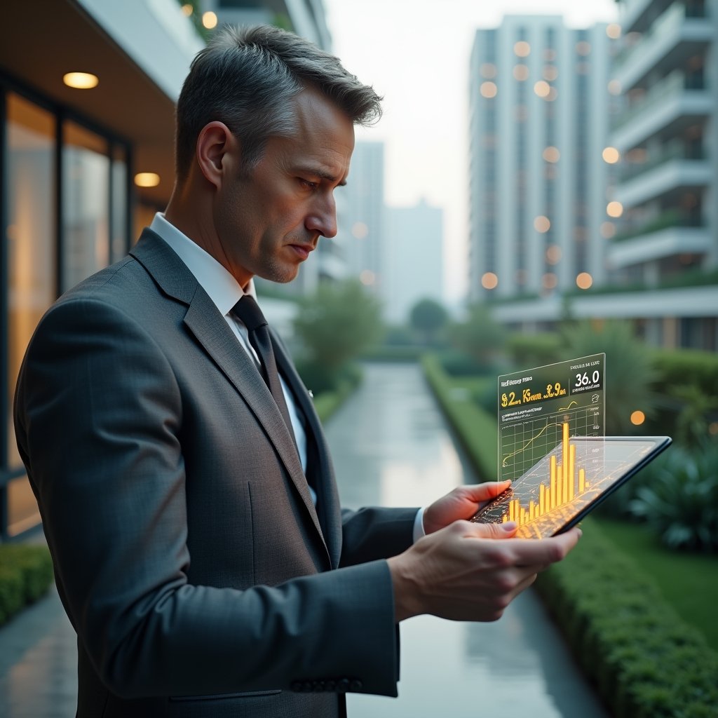 Ultra-realistic condominium manager in a charcoal gray suit, set in a modern luxury condominium environment with high-rise buildings and meticulously manicured gardens, analyzing a holographic financial dashboard displaying rising expense bars and warning icons, focused and determined expression, cinematic lighting, shallow depth of field, highly detailed textures, realistic skin, photographic realism, 8k resolution --ar 1:1 --v 6