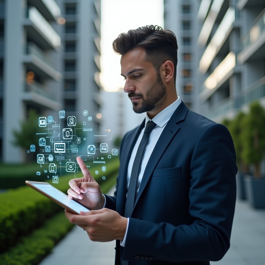 (Ultra-realistic condominium manager in a tailored navy suit, set in a modern luxury condominium environment with high-rise buildings and manicured green landscaping, examining a holographic interface that contrasts outdated app icons crossed out alongside a sleek, modern dashboard, thoughtful and confident expression, cinematic lighting, shallow depth of field, highly detailed textures, realistic skin, photographic realism, 8k resolution --ar 1:1 --v 6)