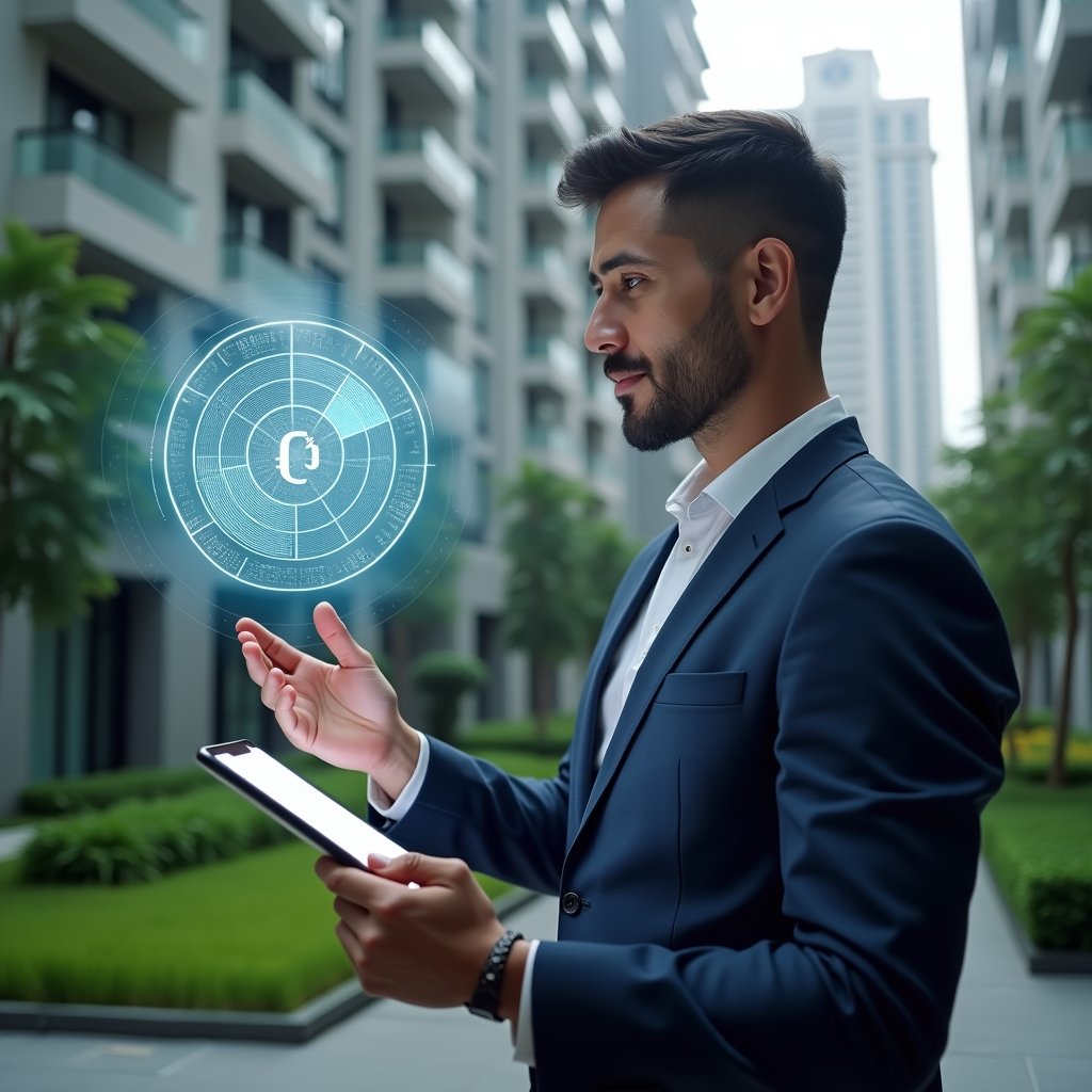 Ultra-realistic condominium manager in a tailored navy suit, set in a modern luxury condominium environment with high-rise buildings and manicured green landscaping, reviewing a semi-transparent holographic pie chart representing ideal fractions for expense allocation, holding a digital tablet displaying rateio calculations, confident and focused expression, cinematic lighting, shallow depth of field, highly detailed textures, realistic skin, photographic realism, 8k resolution --ar 1:1 --v 6