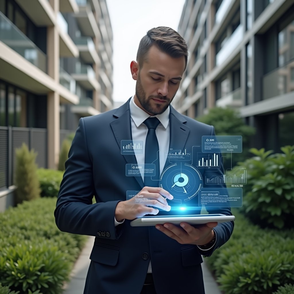 (Ultra-realistic condominium manager in a tailored navy suit, set in a modern luxury condominium environment with high-rise buildings and manicured green landscaping, reviewing a transparent tablet displaying holographic financial charts, confident and focused expression, floating pie-chart and ledger icons symbolizing transparent accounting, cinematic lighting, shallow depth of field, highly detailed textures, realistic skin, photographic realism, 8k resolution --ar 1:1 --v 6)