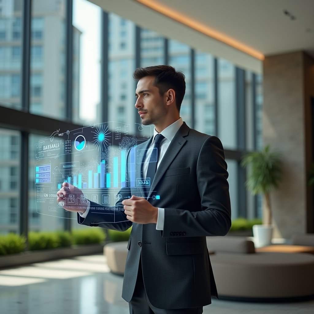 (Ultra-realistic condominium manager in a dark gray tailored suit, set in a modern luxury condominium environment with high-rise buildings and manicured greenery visible through floor-to-ceiling windows, standing confidently in a spacious lobby, analyzing floating holographic performance charts and data visualizations representing key metrics, cinematic lighting, shallow depth of field, highly detailed textures, realistic skin, photographic realism, 8k resolution --ar 1:1 --v 6)
