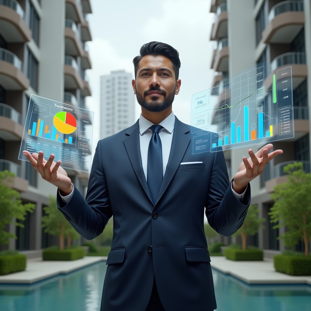 (Ultra-realistic condominium manager in a tailored navy suit, set in a modern luxury condominium environment with high-rise buildings and manicured green landscaping, confidently holding and pointing at floating holographic financial reports and colorful pie and bar charts symbolizing transparent accounting, cinematic lighting, shallow depth of field, highly detailed textures, realistic skin, photographic realism, 8k resolution --ar 1:1 --v 6)