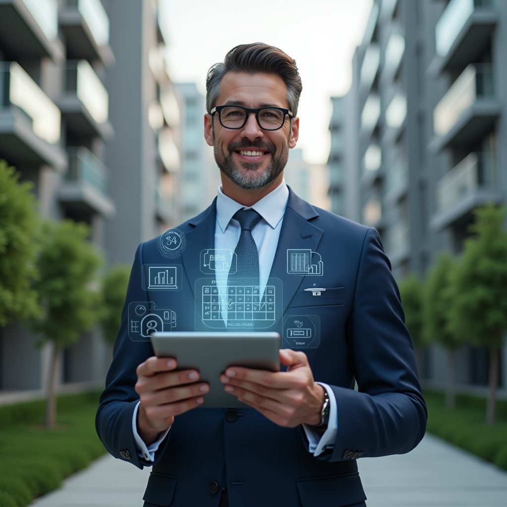 (Ultra-realistic condominium manager in a tailored navy blue suit, set in a modern luxury condominium environment with high-rise buildings and manicured green landscaping, medium shot of a confident property manager holding a transparent tablet displaying holographic charts and a calendar overlay, subtle floating icons of budgets and maintenance tools around them, cinematic lighting, shallow depth of field, highly detailed textures, realistic skin, photographic realism, 8k resolution --ar 1:1 --v 6)