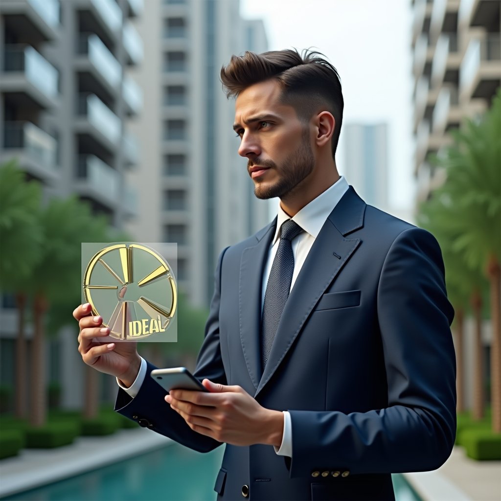 Ultra-realistic condominium manager in a tailored navy-blue suit, set in a modern luxury condominium environment with high-rise buildings and manicured green landscaping, analyzing a holographic 3D pie chart of ideal fractions, confident and thoughtful expression, symbolic golden scale icon floating beside, cinematic lighting, shallow depth of field, highly detailed textures, realistic skin, photographic realism, 8k resolution --ar 1:1 --v 6