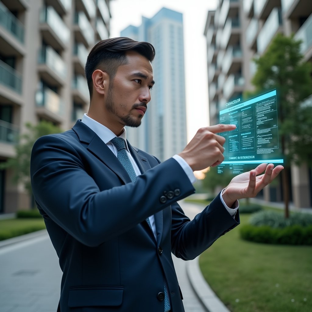 Ultra-realistic condominium manager in a dark blue tailored suit, set in a modern luxury condominium environment with high-rise buildings and manicured green landscaping, holding and pointing at a holographic digital schedule interface with task and timeline icons, confident and focused expression, cinematic lighting, shallow depth of field, highly detailed textures, realistic skin, photographic realism, 8k resolution --ar 1:1 --v 6