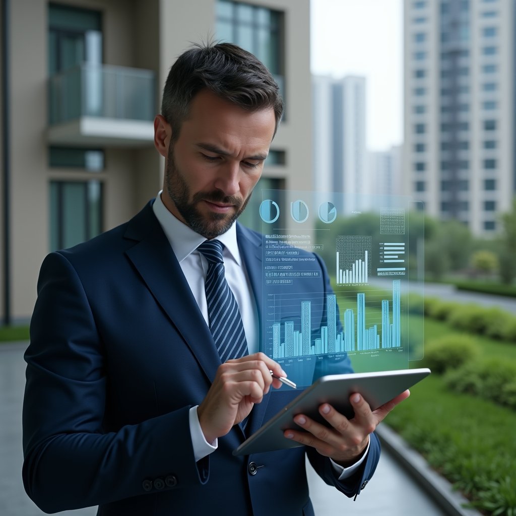 (Ultra-realistic condominium manager in a navy executive suit, set in a modern luxury condominium environment with high-rise buildings and manicured green landscaping, inspecting a tablet displaying holographic financial charts and clear spreadsheet graphics, confident and focused expression, floating bar graphs and pie charts as symbolic visual elements, cinematic lighting, shallow depth of field, highly detailed textures, realistic skin, photographic realism, 8k resolution --ar 1:1 --v 6)