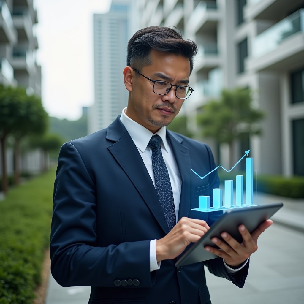 Ultra-realistic condominium manager in a navy blue tailored suit, set in a modern luxury condominium environment with high-rise buildings and well-manicured green landscaping, holding a tablet displaying a holographic bar chart symbolizing financial stability and reduced delinquency, analyzing data with a confident, focused expression, cinematic lighting, shallow depth of field, highly detailed textures, realistic skin, photographic realism, 8k resolution --ar 1:1 --v 6