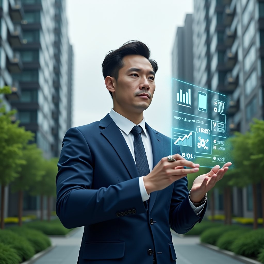 (Ultra-realistic condominium manager in a navy blue executive suit, set in a modern luxury condominium environment with high-rise buildings and lush green landscaping, interacting with a holographic digital interface displaying efficiency graphs and checklists, floating icons of a smartphone and gears symbolizing streamlined management, confident and focused expression, cinematic lighting, shallow depth of field, highly detailed textures, realistic skin, photographic realism, 8k resolution --ar 1:1 --v 6)