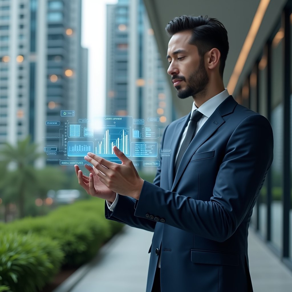Ultra-realistic condominium manager in a sleek dark blue executive suit, set in a modern luxury condominium environment with high-rise buildings and manicured green landscaping, examining a floating holographic dashboard of charts and real-time reports, confident expression, subtle futuristic icons of mobile app notifications and building layouts orbiting around, cinematic lighting, shallow depth of field, highly detailed textures, realistic skin, photographic realism, 8k resolution --ar 1:1 --v 6